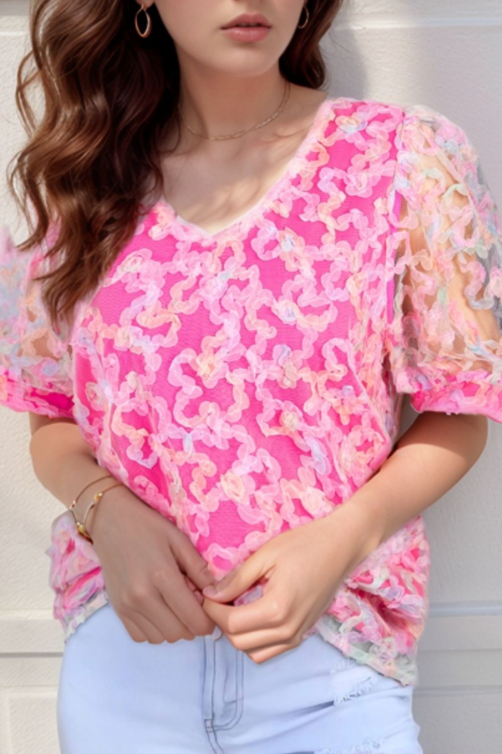 Bonbon Flowery Mesh Short Puff Sleeve Blouse - felvior