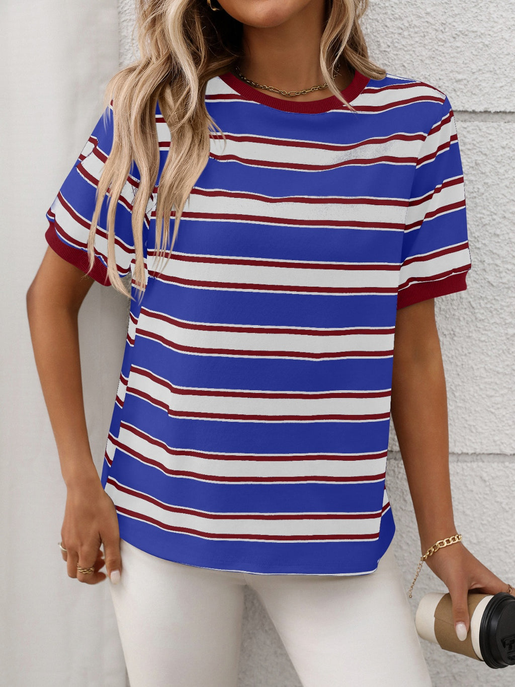 Contrast Striped Round Neck Short Sleeve T-Shirt