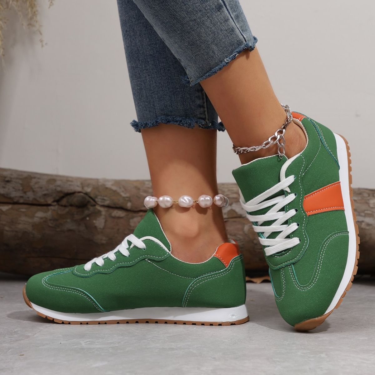 PU Leather Contrast Round Toe Flats Sneakers - felvior