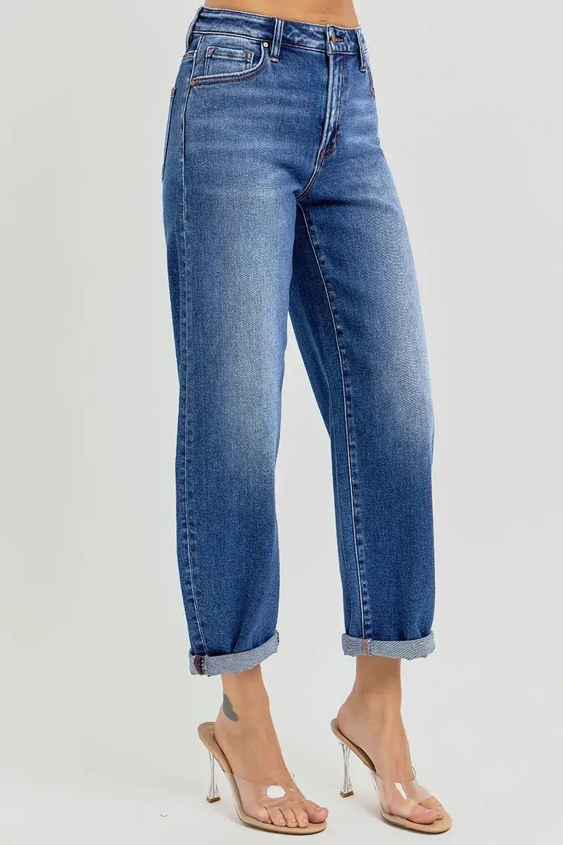 RISEN Full Size High Rise Crop Mild Barrel Jeans Plus Size