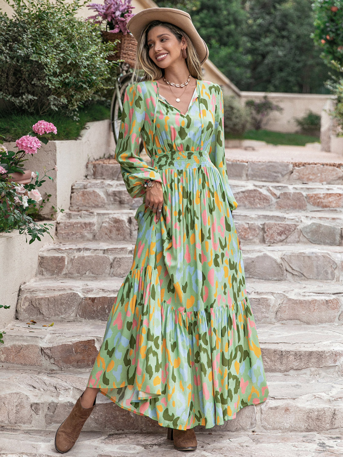 Printed Tie Neck Long Sleeve Maxi Dress - felvior