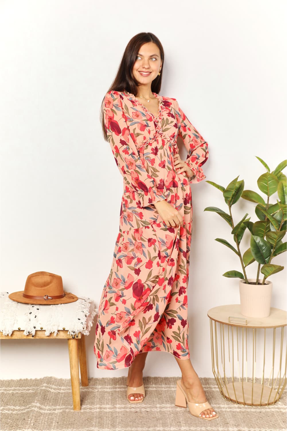 Double Take Floral Frill Trim Flounce Sleeve Plunge Maxi Dress - felvior