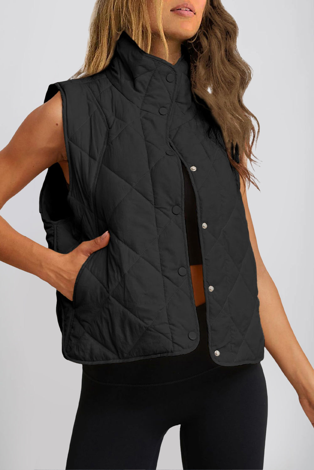 Snap Down Texture Vest Coat with Pockets - felvior