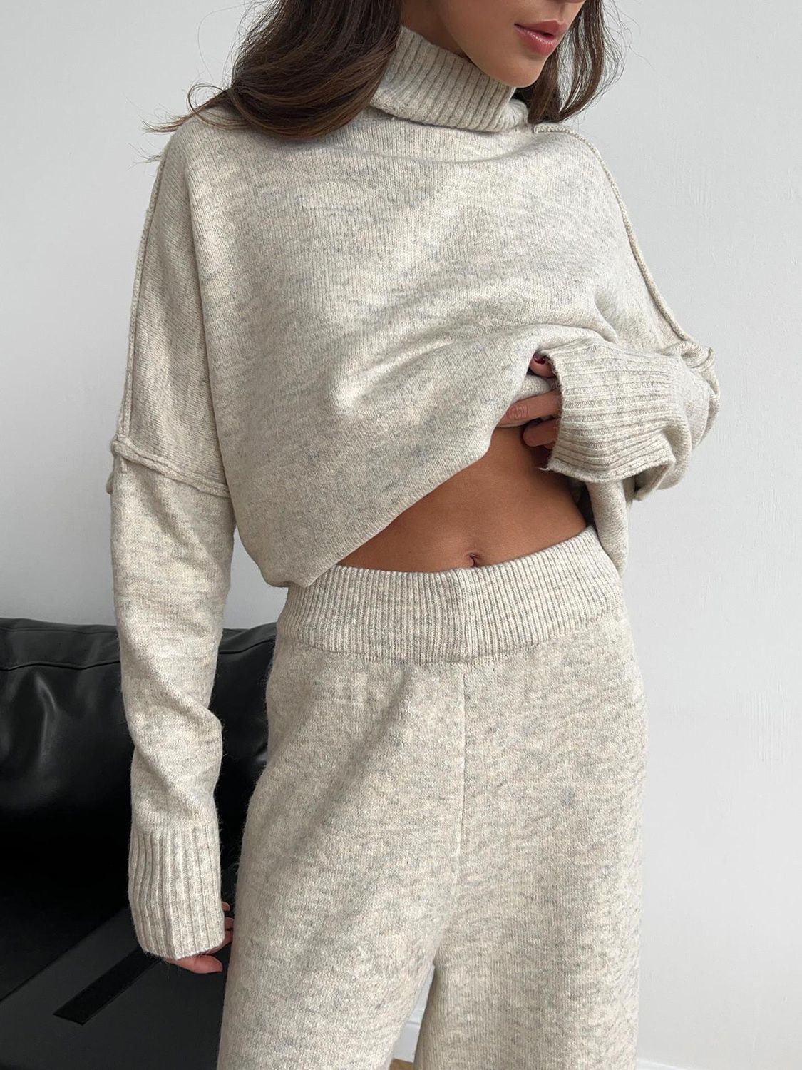 Slit Turtleneck Long Sleeve Top and Pants Sweater Set - felvior