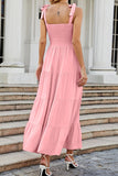 Tie-Shoulder Smocked Tiered Dress - felvior