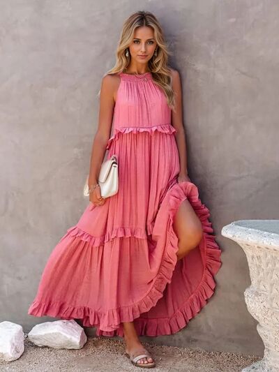 Ruffled Sleeveless Tiered Maxi Dress with Pockets - felvior