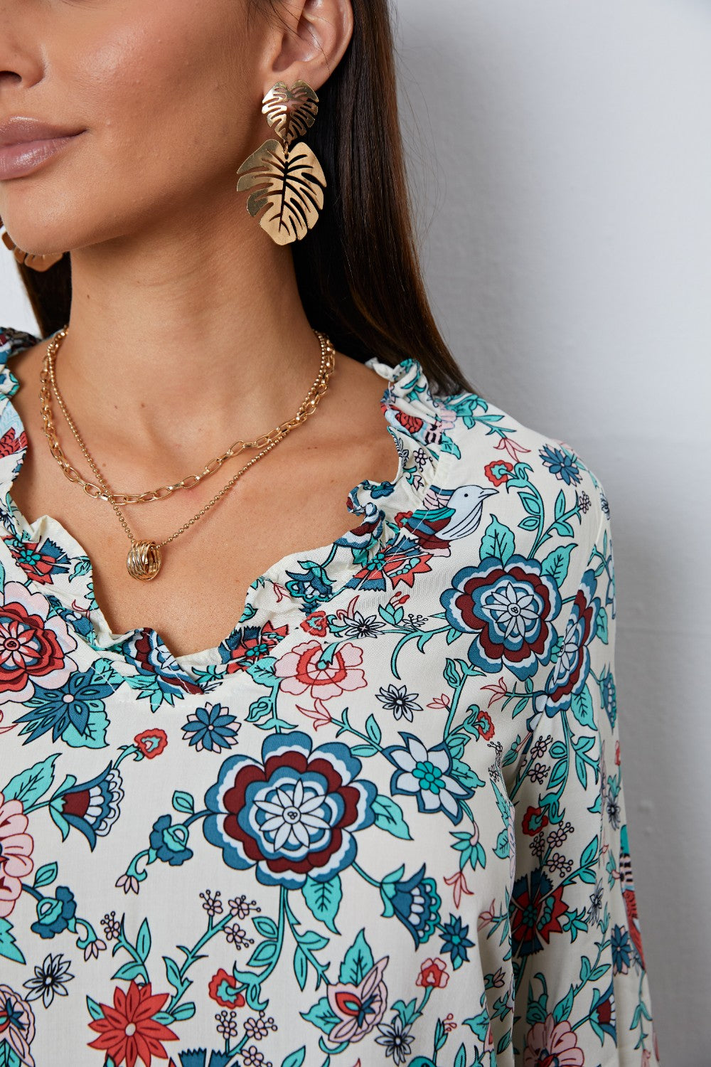 Floral Notched Long Sleeve Blouse - felvior