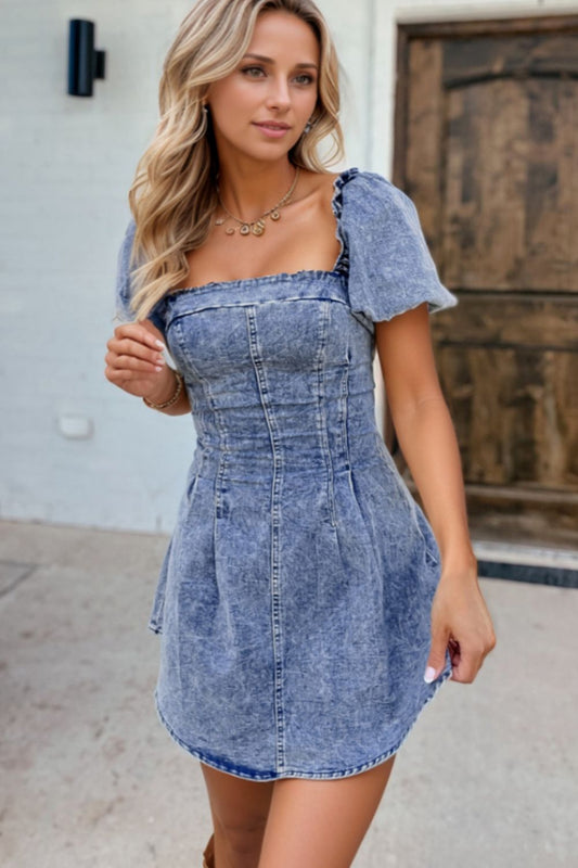 Tie Back Square Neck Puff Sleeve Denim Dress - felvior