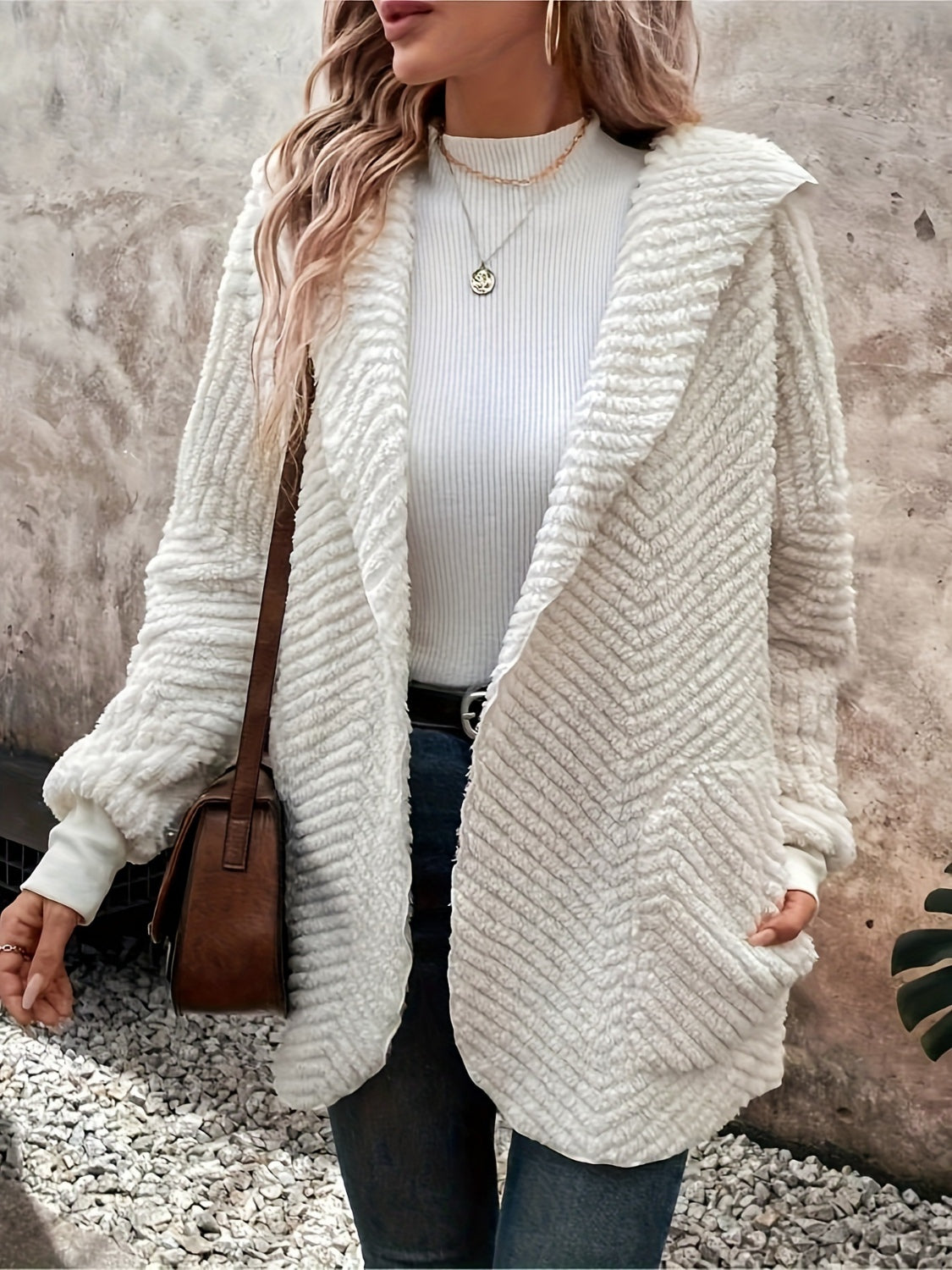 Open Front Long Sleeve Hooded Fuzzy Cardigan - felvior