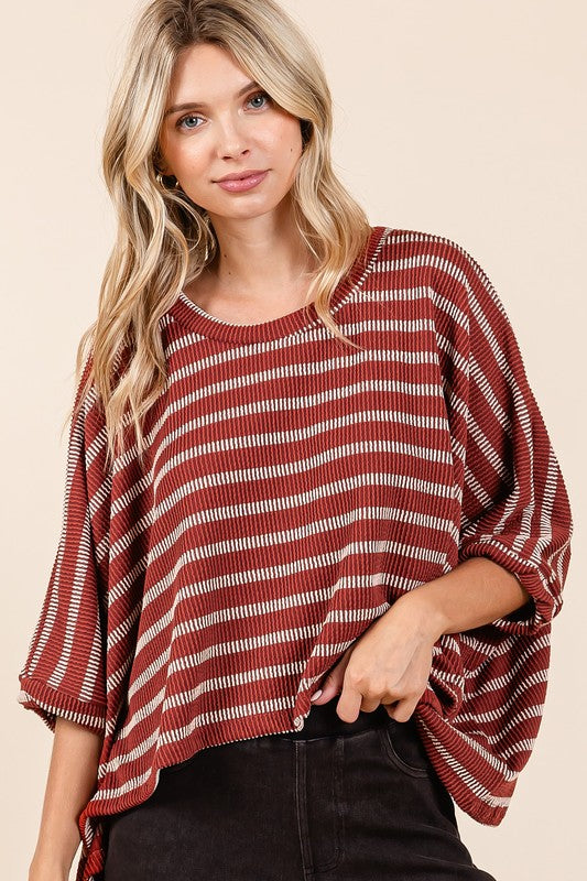 Mittoshop Texture Striped Print Round Neck Dolman Sleeve Top