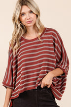 Mittoshop Texture Striped Print Round Neck Dolman Sleeve Top
