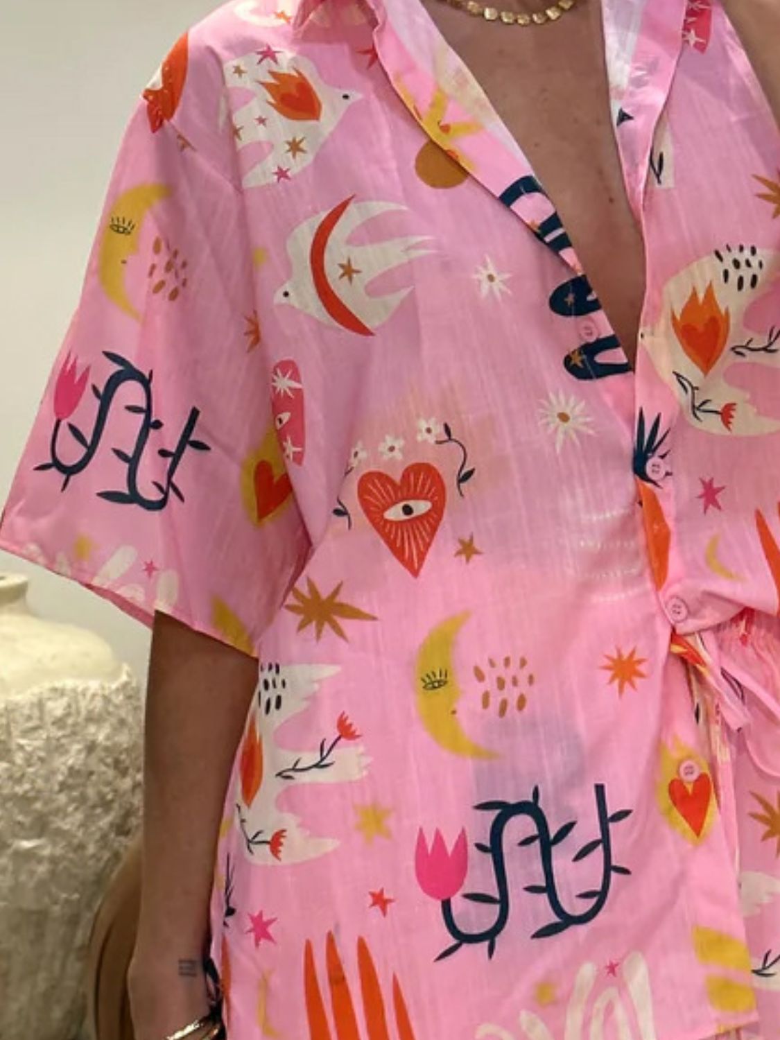 Printed Button Down Shirt and Shorts Set - felvior