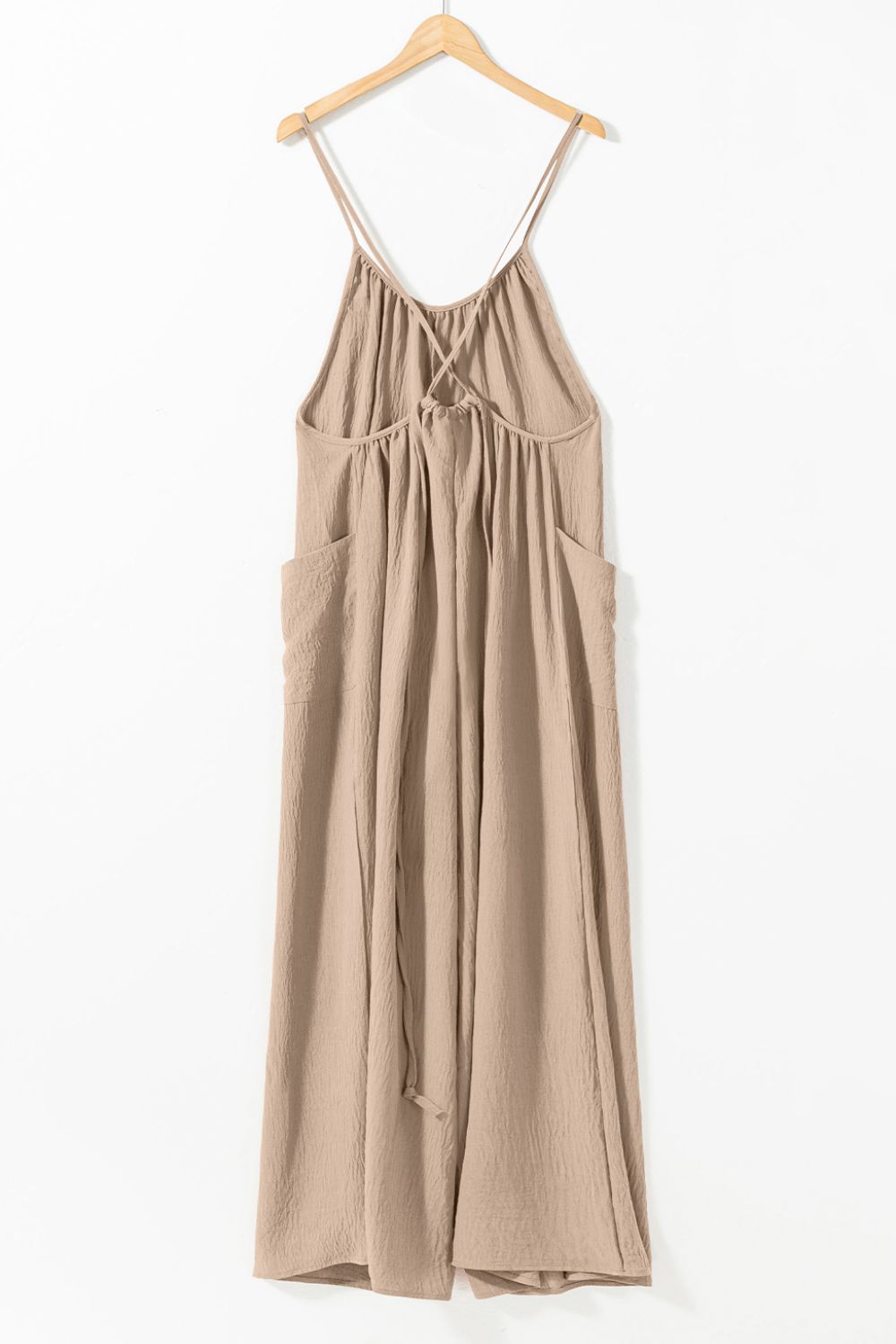 Spaghetti Strap Waist Tie Wide Leg Jumpsuit with Pockets