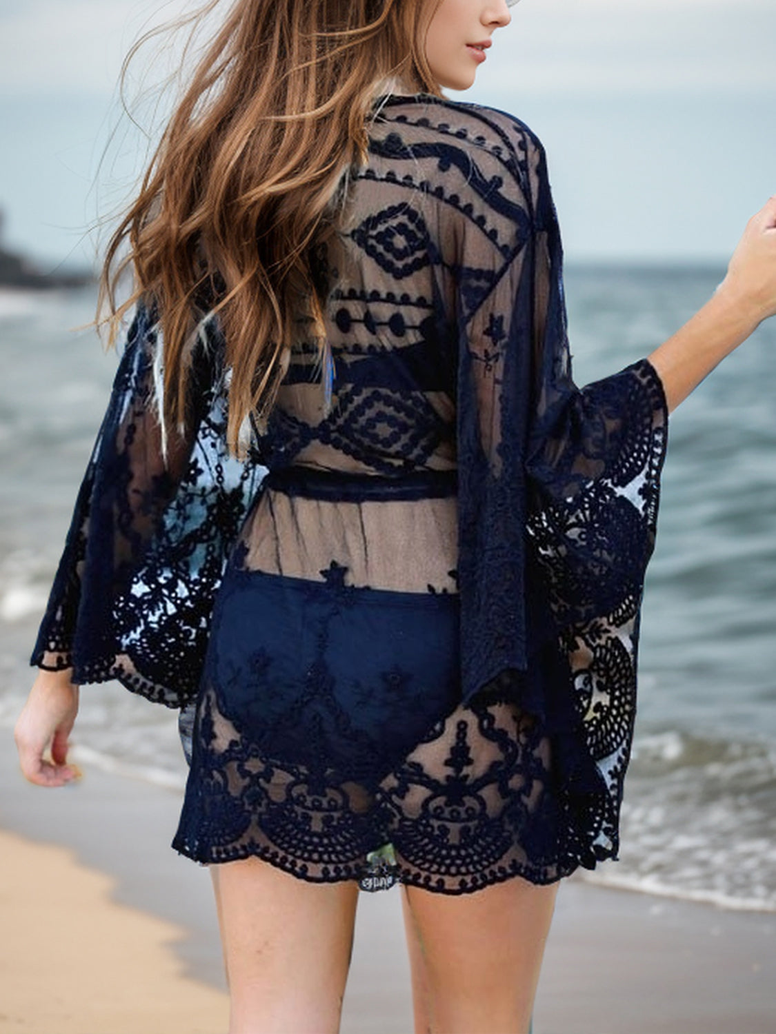 Lace V-Neck Three-Quarter Sleeve Cover Up - felvior