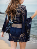Lace V-Neck Three-Quarter Sleeve Cover Up - felvior