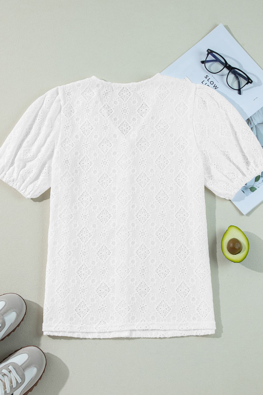 Lace Puff Sleeve V Neck Button Up Shirt - felvior