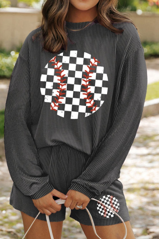 Corded Checkerboard Baseball Graphic Long Sleeve Top and Shorts Set - felvior