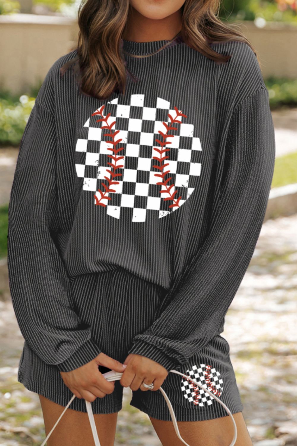 Corded Checkerboard Baseball Graphic Long Sleeve Top and Shorts Set - felvior