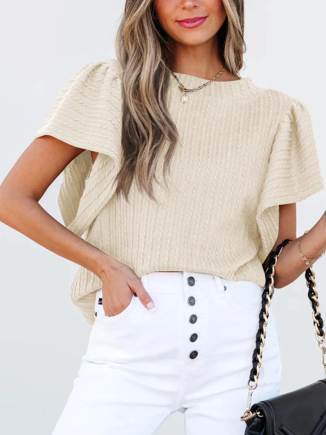 Round Neck Ruffle Sleeve Top