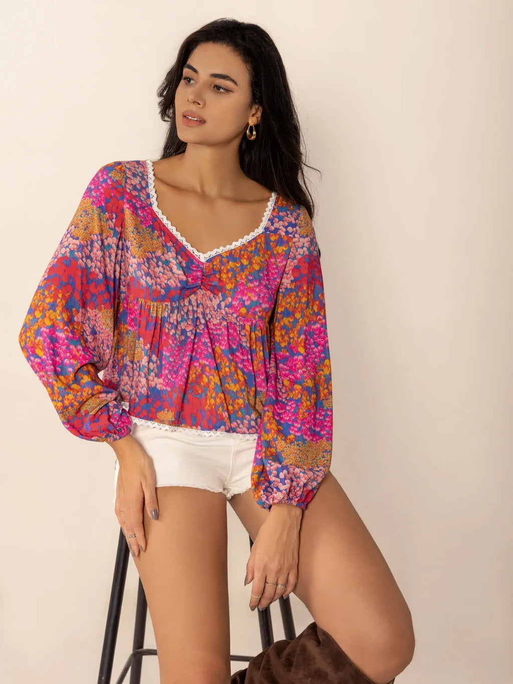 Lace Detail Printed Balloon Sleeve Top