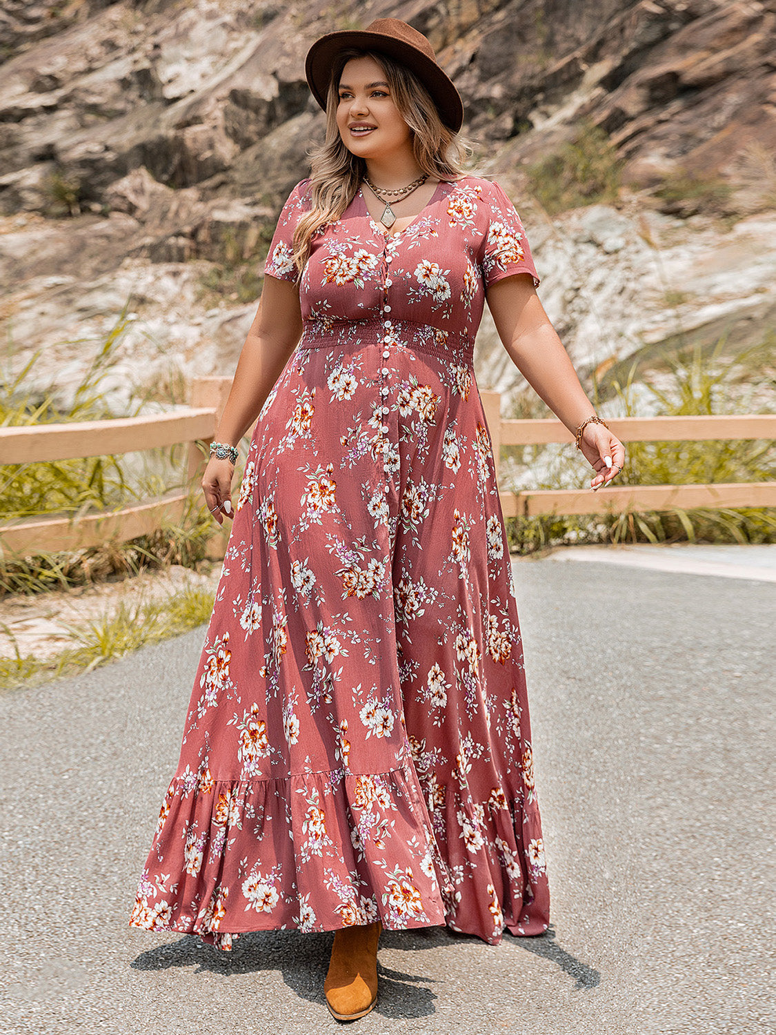 Plus Size Floral Slit Ruffle Hem Dress - felvior