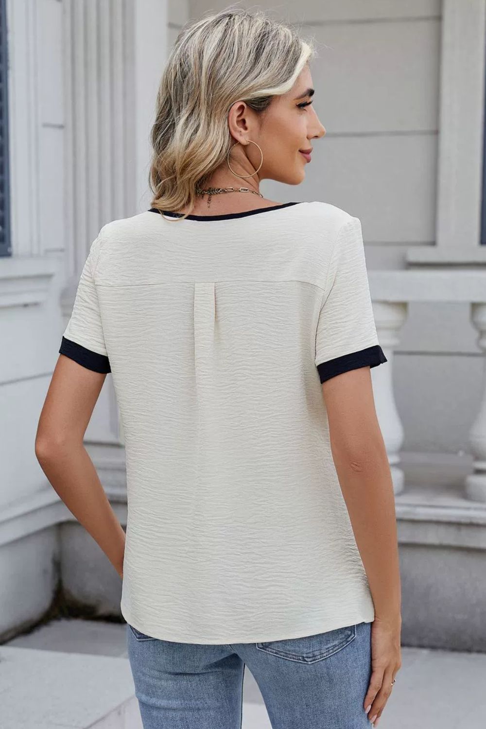 Cutout Round Neck Short Sleeve Blouse - felvior