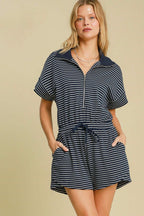 Umgee Full Size Half Zip Striped Romper Plus Size