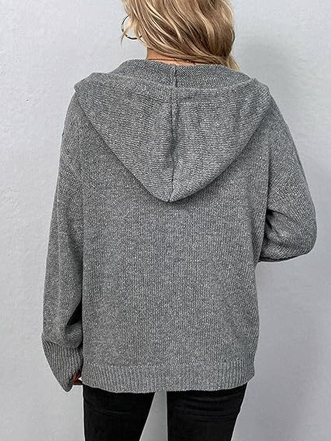 Button Up Drawstring Long Sleeve Hooded Cardigan - felvior