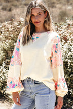 Printed Round Neck Balloon Sleeve Sweatshirt