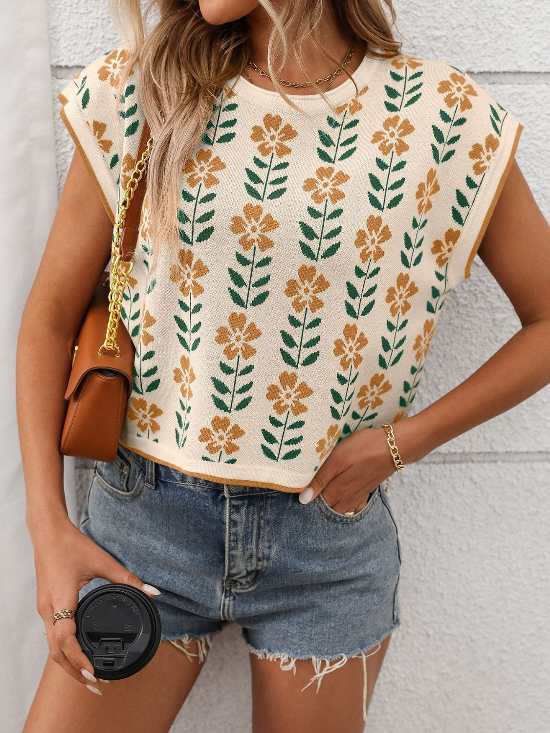 Flower Round Neck Short Sleeve Knit Top - felvior