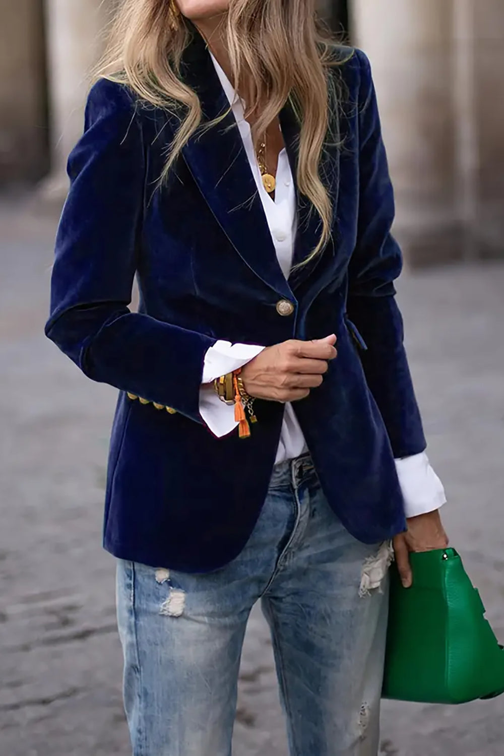 One Button Lapel Collar Long Sleeve Blazer - felvior