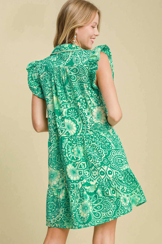 Umgee Full Size Printed Ruffle Cap Sleeve Babydoll Dress Plus Size - felvior