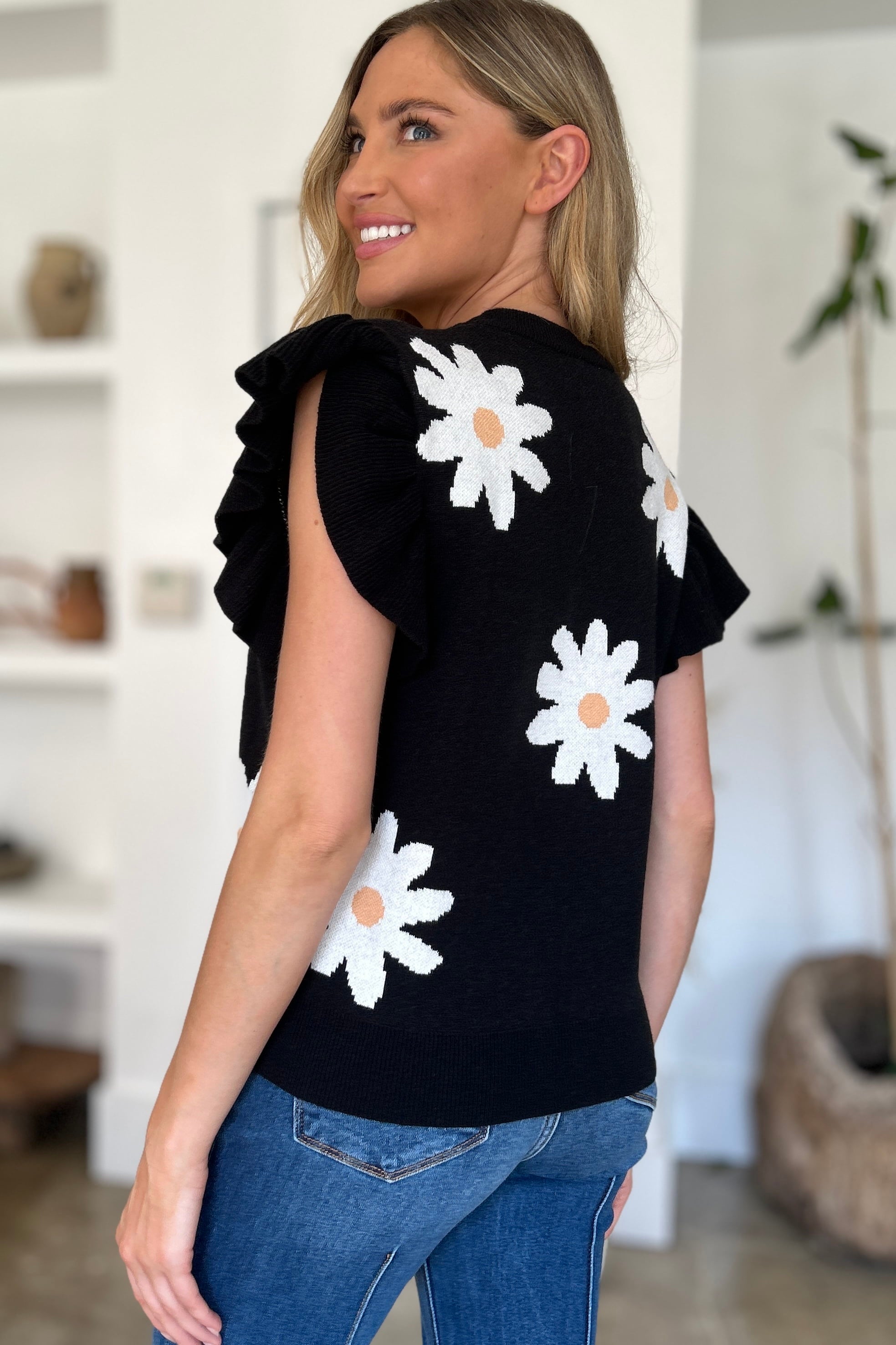 Double Take Full Size Ruffled Flower Round Neck Cap Sleeve Sweater - felvior