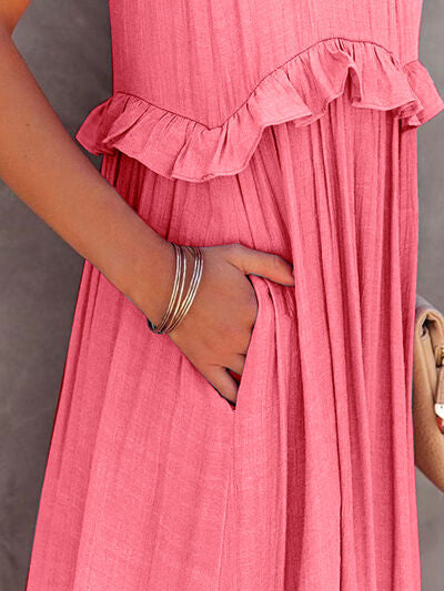 Ruffled Sleeveless Tiered Maxi Dress with Pockets - felvior