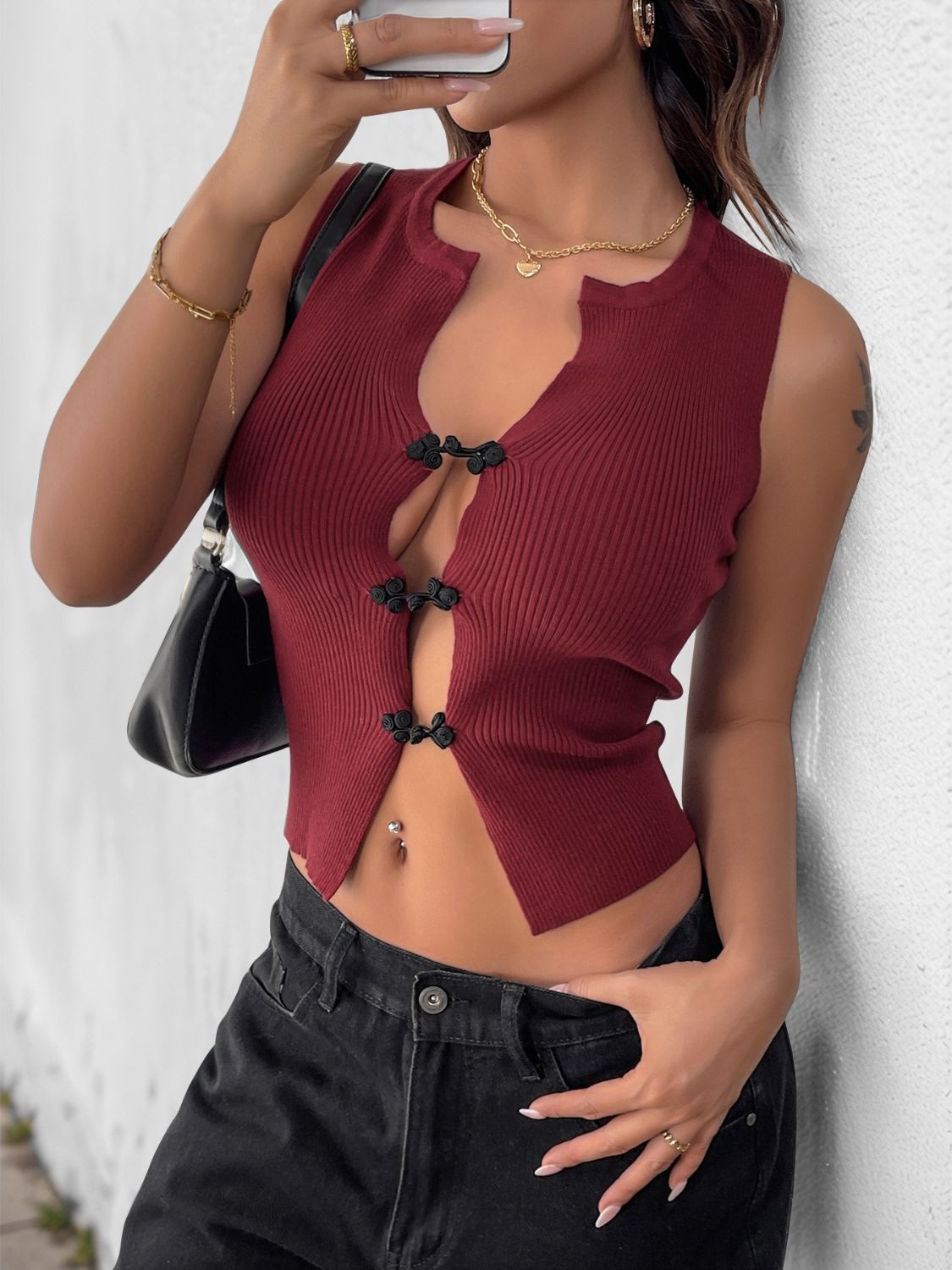 Perfee Ribbed Knot Button Cropped Tank - felvior