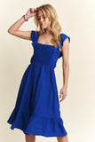 ADORA Smocked Square Neck Ruffled Cap Sleeve Dress - felvior