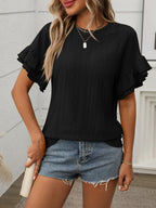 Eyelet Round Neck Flounce Sleeve Top