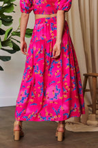 Davi & Dani Printed Smocking Waistband Ruffled Maxi Skirt