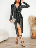 Plaid Long Sleeve Slit Dress - felvior