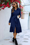 Long Sleeve Tie Waist Shirt Dress - felvior