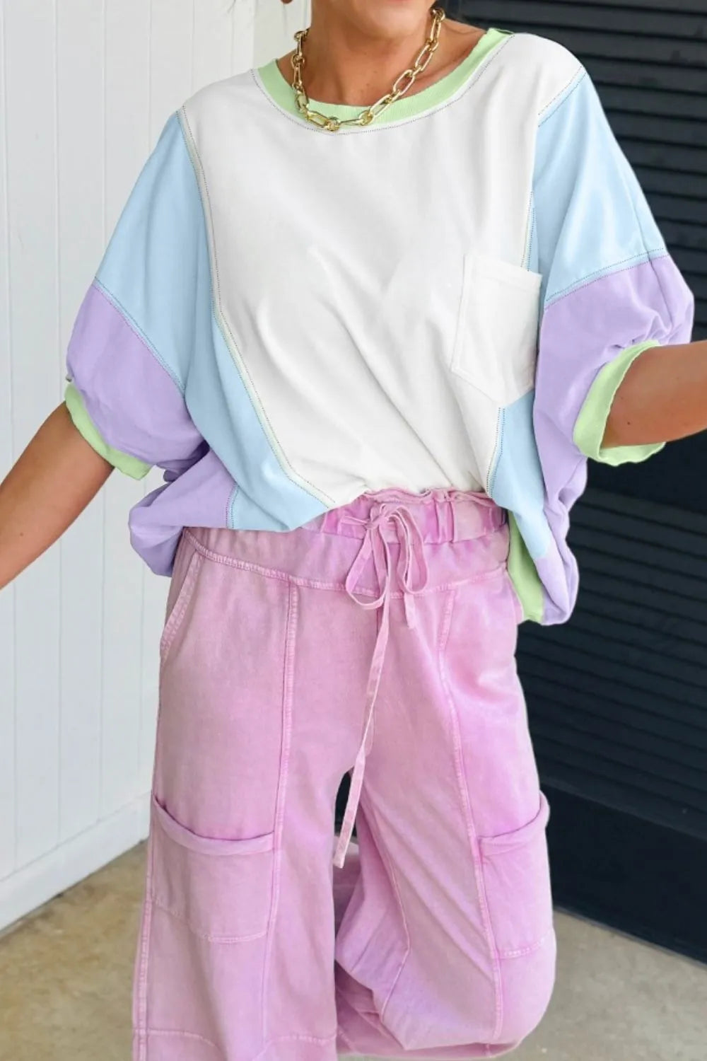 Color Block Patchwork Half Sleeve Oversized T Shirt - felvior