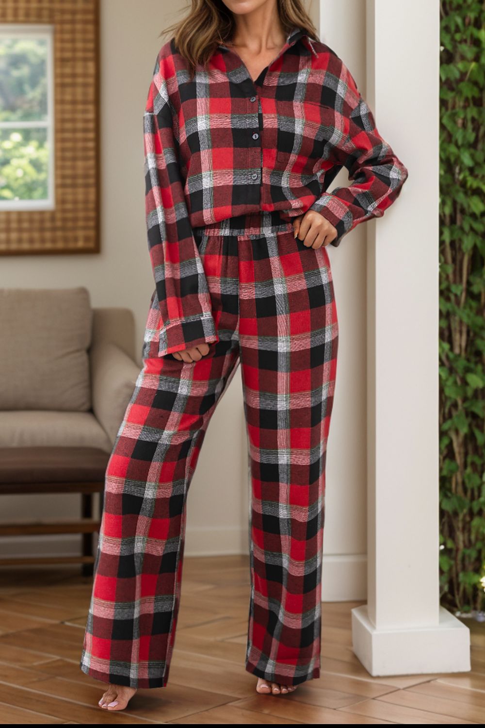 Plaid Long Sleeve Top and Pants Lounge Set - felvior