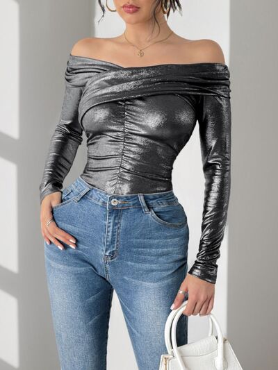 Perfee Ruched Off-Shoulder Long Sleeve Bodysuit - felvior