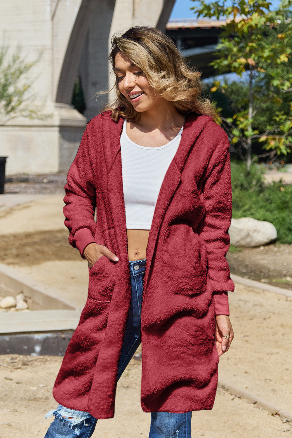 Double Take Full Size Hooded Teddy Bear Jacket with Thumbholes - felvior