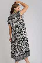 Umgee Full Size Two Tone Border Print Ruffle Cap Sleeve Midi Dress Plus Size