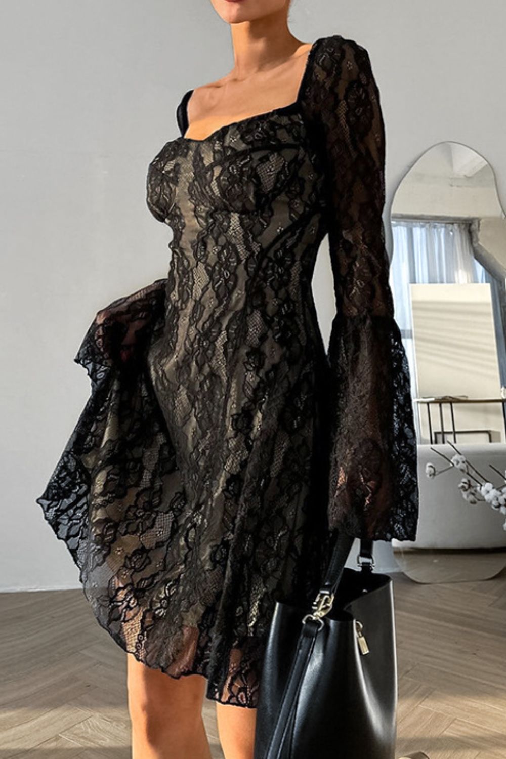 Lace Sweetheart Neck Flare Sleeve Mini Dress - felvior