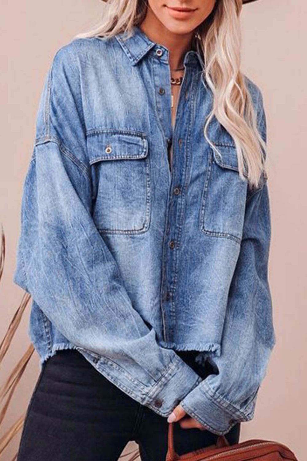 Collared Neck Raw Hem Long Sleeve Denim Shirt