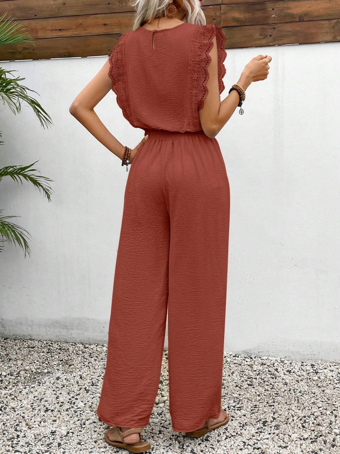Lace Trim Round Neck Top and Pants Set