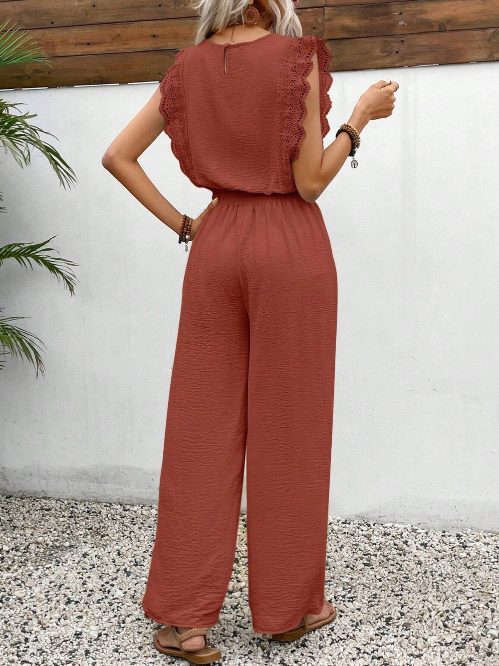 Lace Trim Round Neck Top and Pants Set