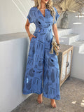 Devine Printed Notched Short Sleeve Wide Leg Jumpsuit